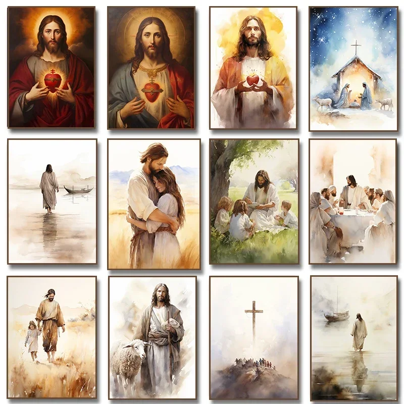 (No frame)Sacred Heart of Jesus Christ Walking on Water Poster The Last Supper children lamb canvas painting print wall art h