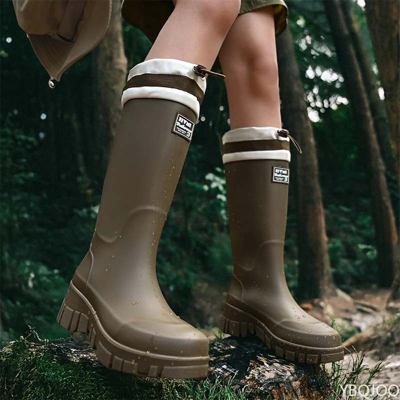 Feuchtigkeitsbeständige, wasserdichte Damen-Regenstiefel mit Kordelzug und mittlerem Schlauch, rutschfestem und vielseitigem, verstellbarem Kordelzug