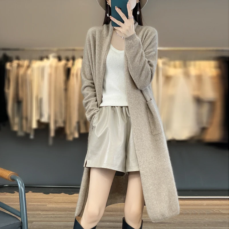 FRSEUCAG New Women\'s Cardigan 100% Wool Long Sweater Trend Fashion Knitted V-neck Long Sleeve Women\'s Pure Wool Coat Sweater