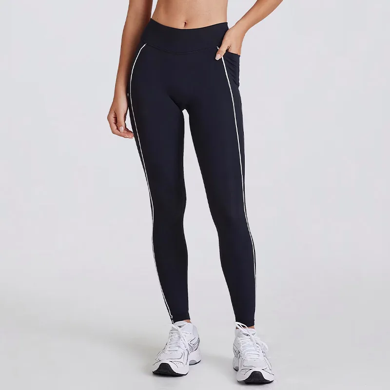 Damskie spodnie sportowe imitujące dwuczęściowe, białe spodnie do jogi w paski, legginsy wyszczuplające z wycięciem w kształcie litery V, modelujące i podnoszące biodra.