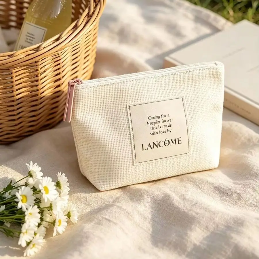 Lancome’s bag Cream White Textured Thick Canvas Makeup Bag Portable Foldable Travel Cosmetic Storage Pouch Luxury Beauty Gift Fo