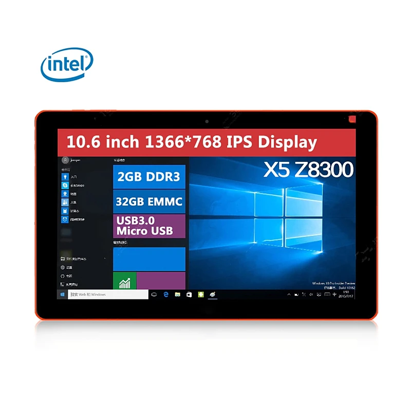 Nueva tableta Windows 10 de 10,6 pulgadas, 32 bits, Intel Z8300 Quad Core, 1 * USB 3,0, 6600mAh, 2GB de RAM, 32GB de ROM, 1366x768, IPS