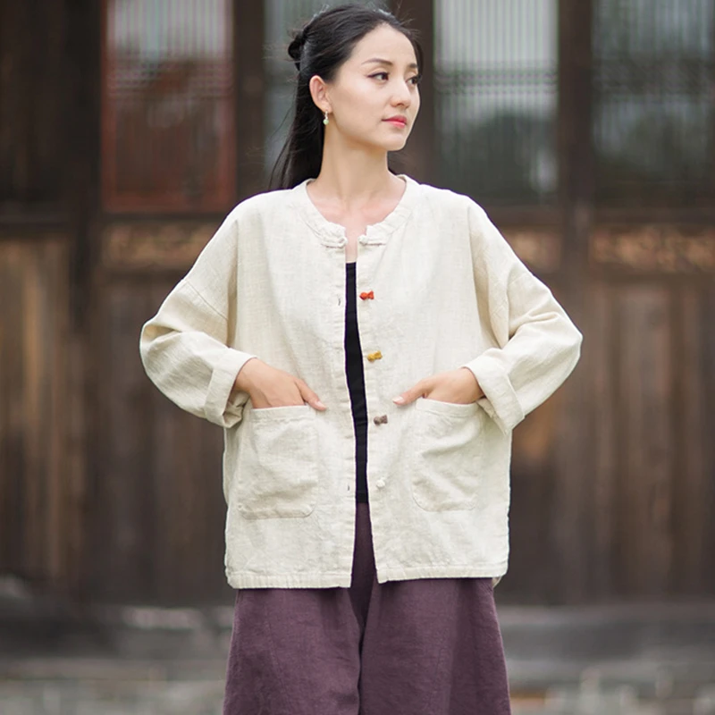 

Женская хлопково-льняная повседневная рубашка в китайском стиле, Новое поступление, осень 2025 г., однотонные женские топы с круглым вырезом и длинными рукавами M1980