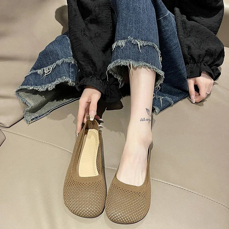 Size 42 Striped Flats Women Loafers Autumn Casual Shoes Flat Heel Non-slip Sole Barefoot Shoes Sneakers Square Toe