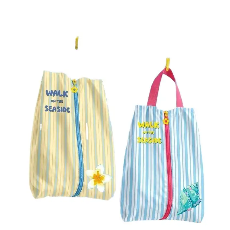 Breathable Water Resistant Shoe Storage Bag With Zipper Cute Striped Print Perfect For Travel Beach Trips Daily Use