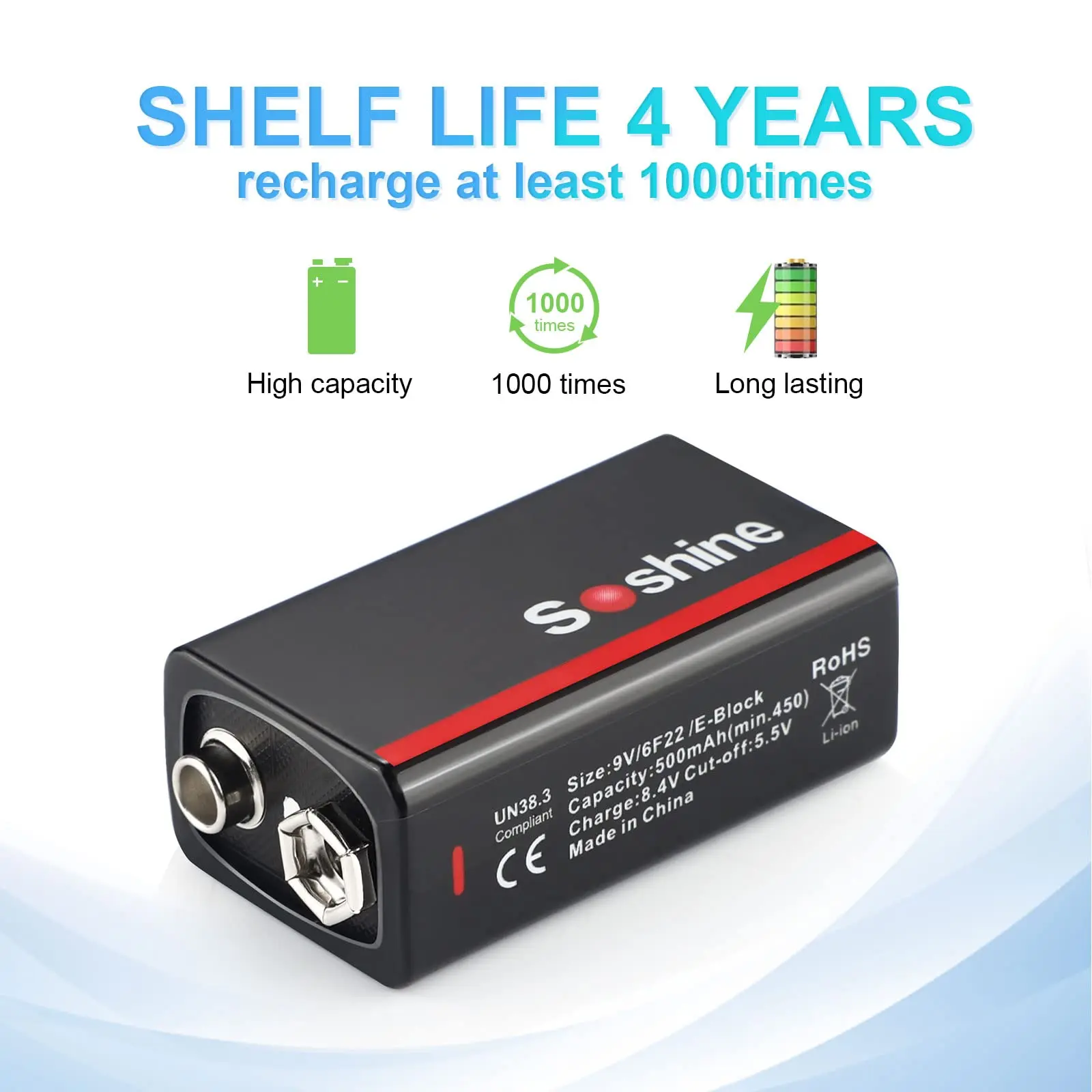 Soshine 9V 500mAh Low Self-discharge Battery 9 Volt 500mAh Li-ion Rechargeable Batteries with 4-in-1 USB Cable 4-Year Shelf Life