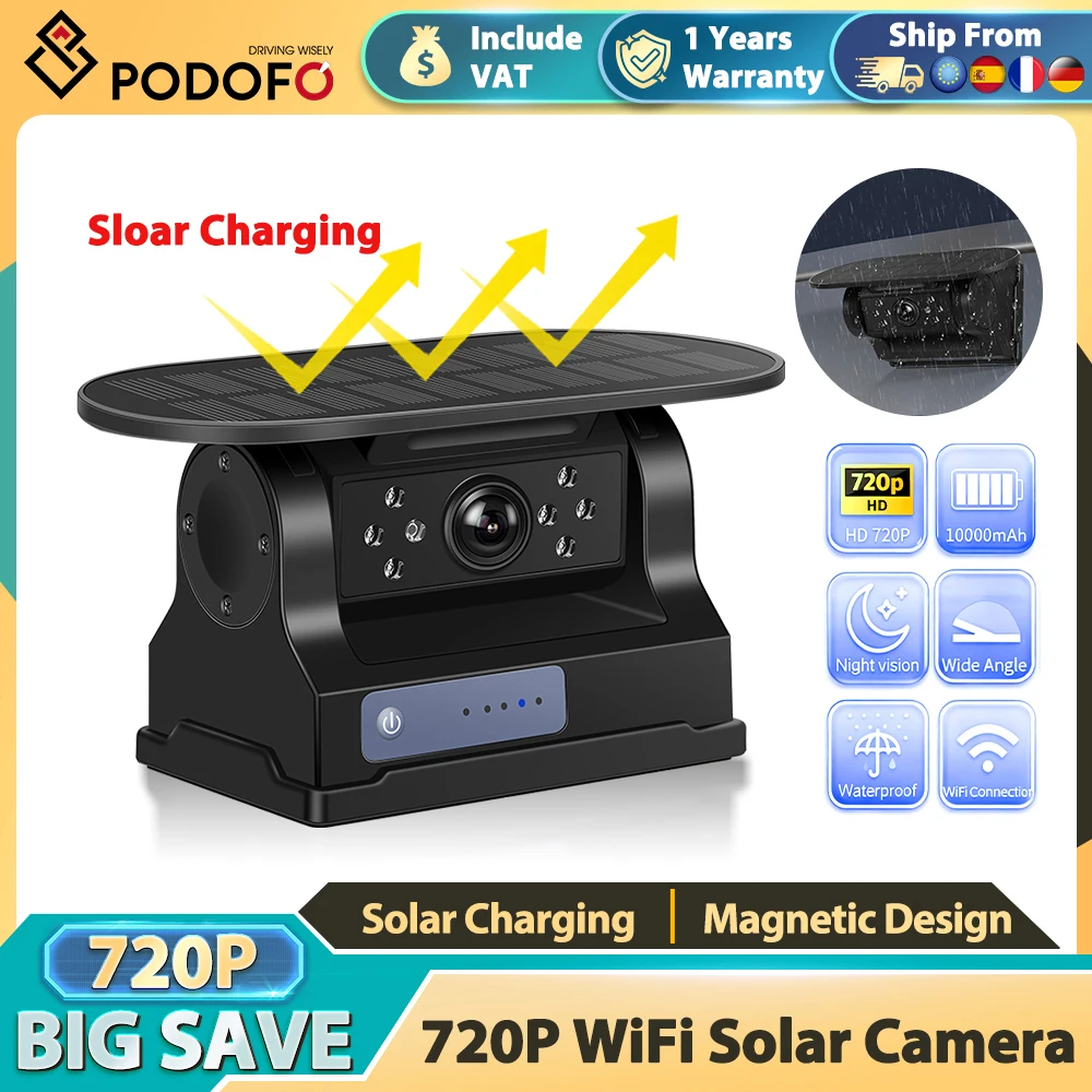 Podofo Kabellose Solarbetriebene Magnetische WLAN-Rückfahrkamera IP67 Wasserdichter Rückfahrmonitor für Wohnmobil LKW Anhänger