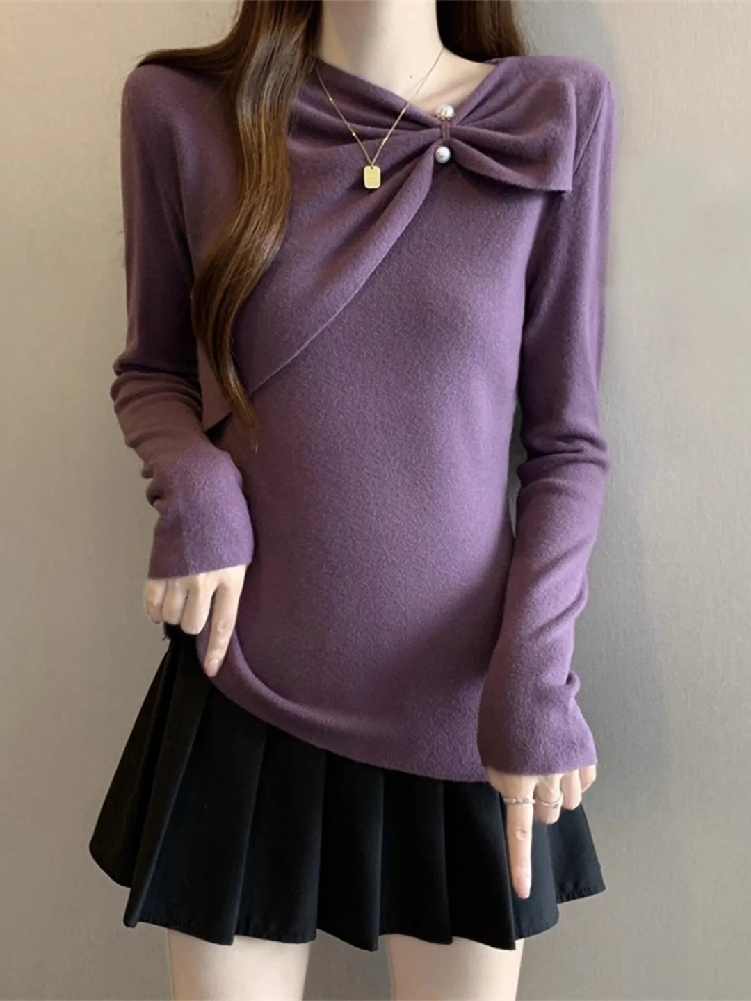 

Фиолетовый вязаный топ женский, размер L, с узлами, осенне-зимняя новинка, стандартная длина