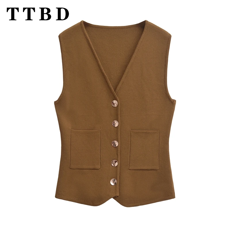 TTBD Woman's 2024 New Autumn Vintage Solid Color Sleeveless Knit Cardigan Gilet Female Casual V-Collar Single-breasted Vest Top