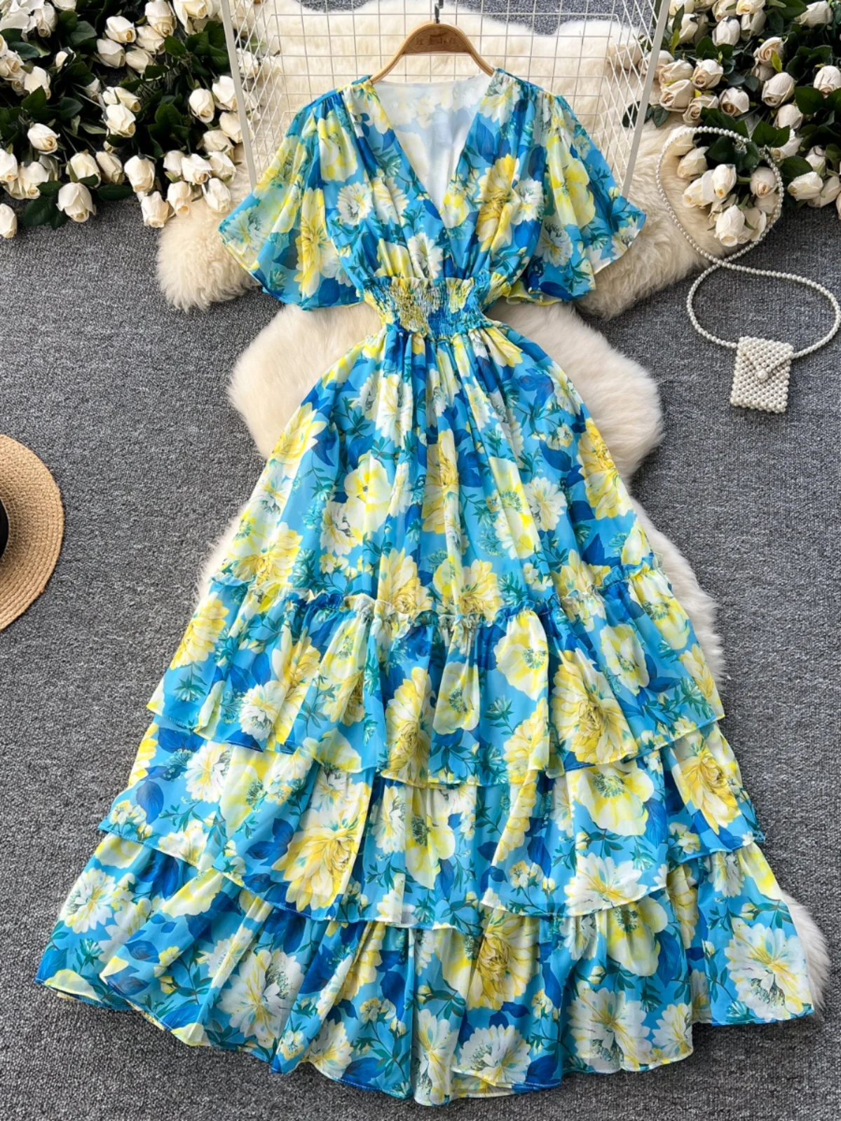 레트로 브이넥 플리츠 플로럴 쉬폰 드레스 여성용 하이웨이스트 슬림핏 드레이프 롱 스커트 한국 스타일 출퇴근용 A라인 미디 드레스