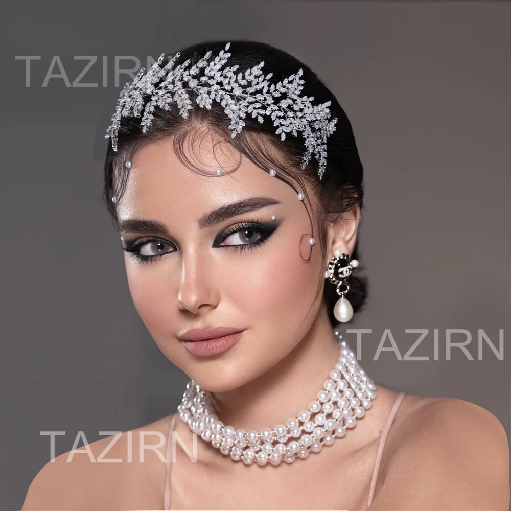 TAZIRN New 5A Cubic Zirconia Wedding Hairband for Bridal CZ Leaf Headband Birthday Party Sweet 16 Headpieces Jewelry Accessories