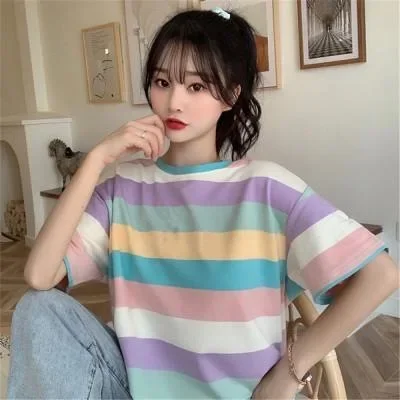 Korean Version Of Rainbow Casual Loose Short-sleeved T-shirt Women's Clothes Women's Clothing