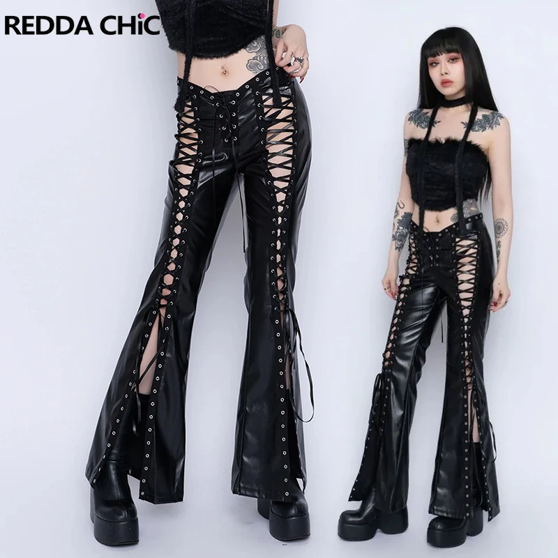 

Кожаные брюки REDDACHiC с перекрестной шнуровкой, женские, в стиле панк-готика, с вырезами, облегающие, с низкой посадкой, расклешенные, черные, в стиле ретро-гранж, брюки-клеш