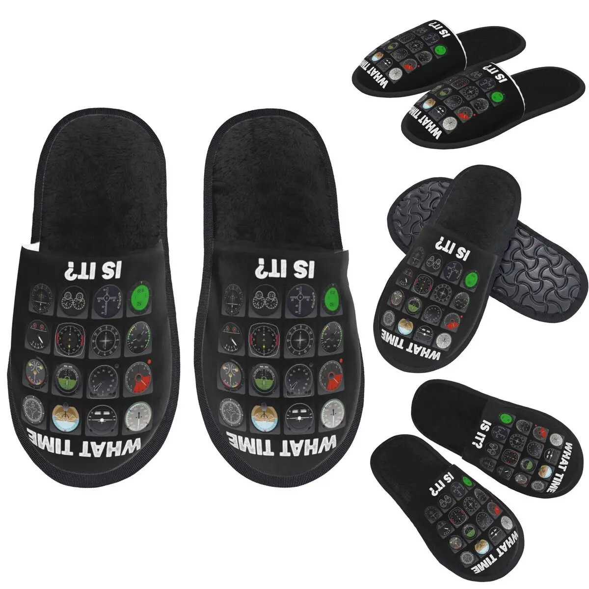 Custom What Time Is It Flight Instruments Slippers Memory Foam Warm Soft Women House Slipper Bedroom Fluffy Shoes