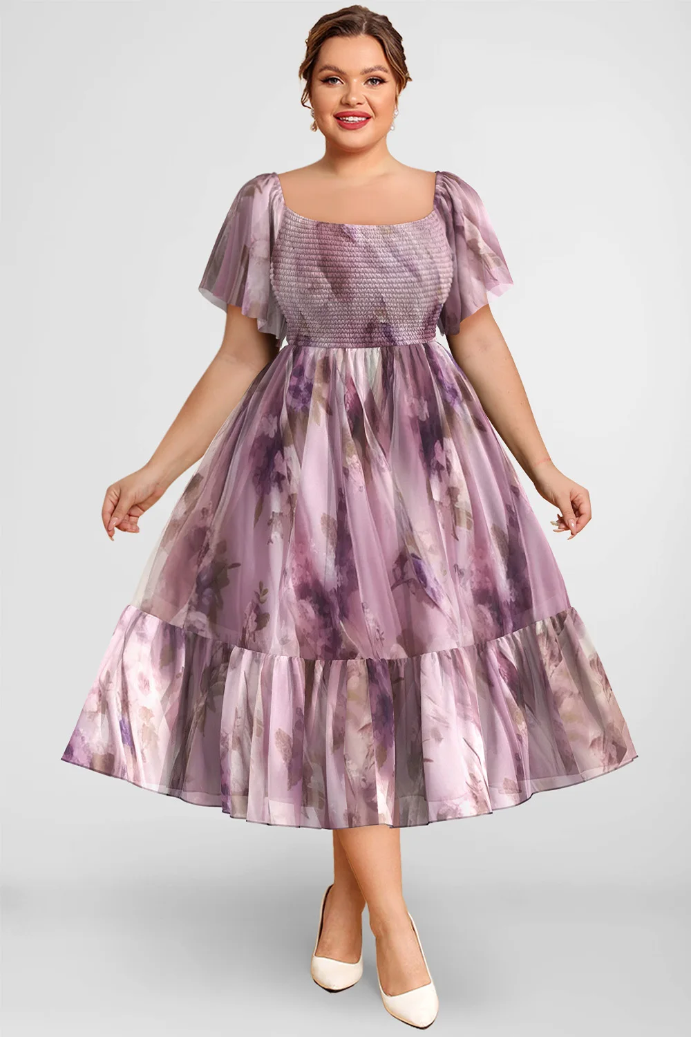 Flycurvy Plus Size Daily Casual Purple Floral Print Flutter Sleeve Smocking Tea-Length Dress