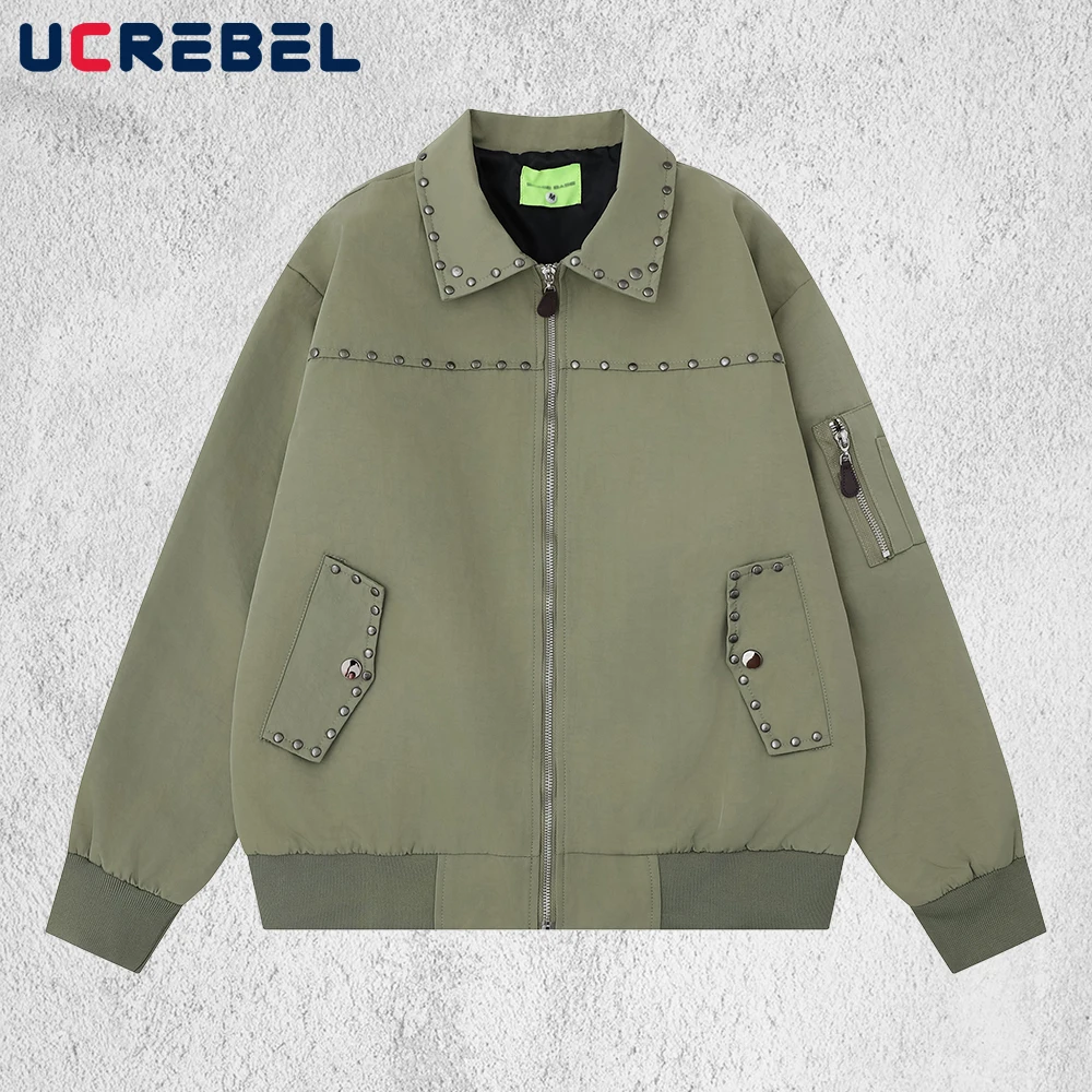 

Мужская куртка с заклепками в стиле ретро, осенняя уличная однотонная свободная верхняя одежда в стиле ретро с лацканами и вышивкой