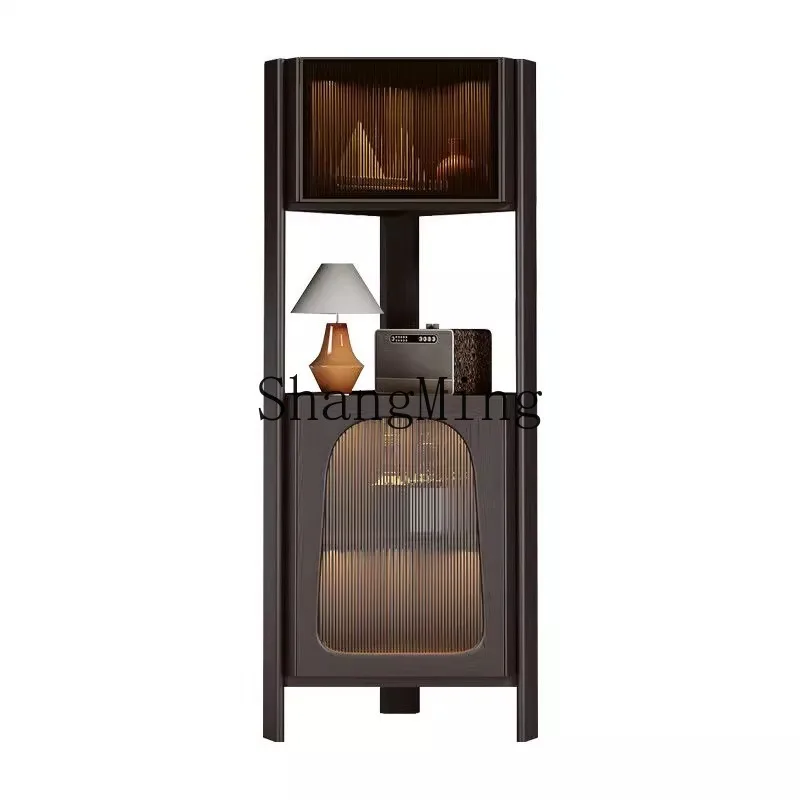 

ZYH retro solid wood corner cabinet light luxury antique black triangular cabinet living room dining room corner rack