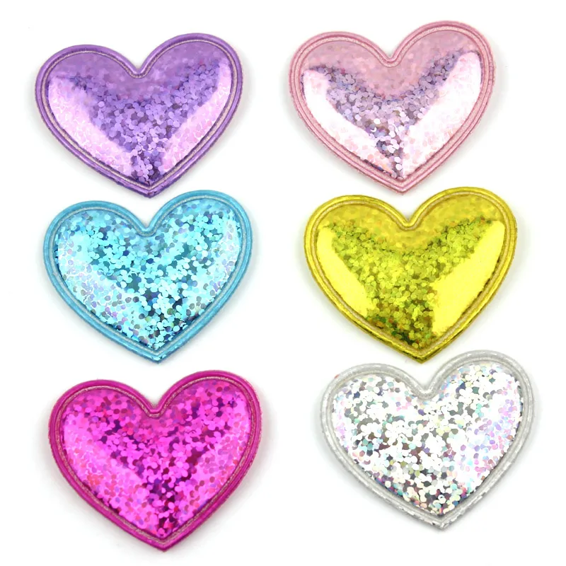 48Pcs 3.5*3.8cm Shiny PU Leather Heart Padded Appliques For Headwear Hair Clips Stick-on Accessories Baking Decoration Wholesale