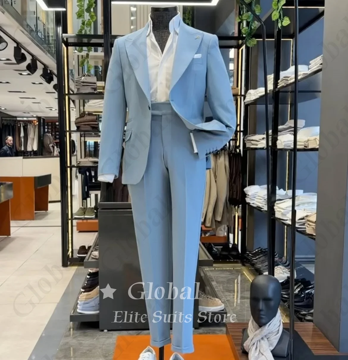 Solid Sky Blue Wide Peak Lapel Two Piece Men Suit Single Breasted Slim Tailored Blazer Pants Wedding Groom Prom Customized