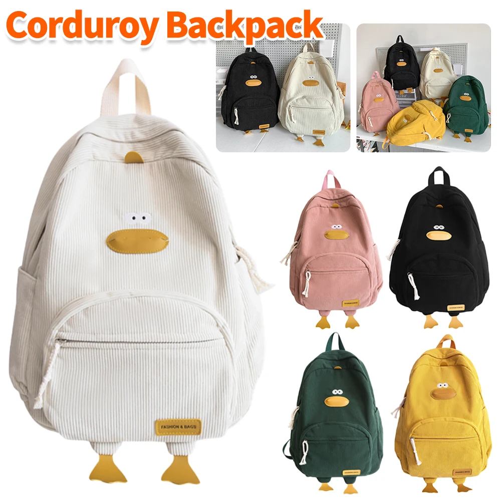 Zaino Cartoon Duck Zaino estetico Kawaii Zaino scolastico multitasche in velluto a coste Zaino da viaggio per ragazze adolescenti Donne