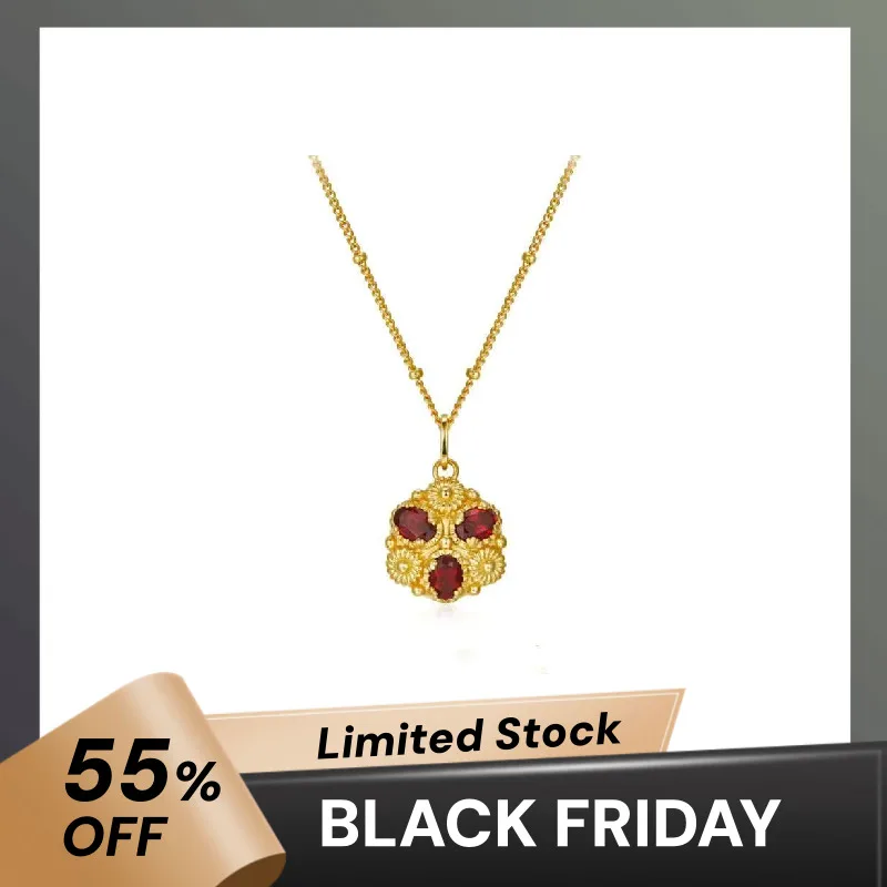 

Natural Garnet 925 Sterling Silver 18K Gold Plated Pendant Necklace For Women Vintage Dainty Flower Choker Necklaces Gift
