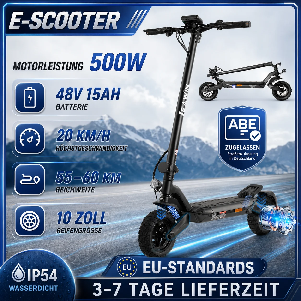 Vankel 10-Zoll Elektroroller für Erwachsene mit ABE Straßenzulassung, 500W Motor max. 873W, 720Wh 48V 15Ah Akku, 55-80 km Reichweite, 20 km/h, faltbarer E-Scooter mit Vollfederung, Offroad-Luftreifen,