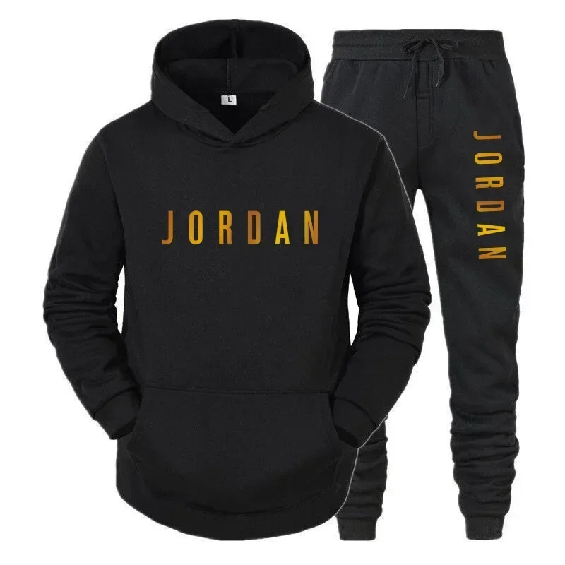 

A two-piece set of men's autumn and winter fashionable fitness sportswear, featuring a casual pullover hoodie and jogging pants
