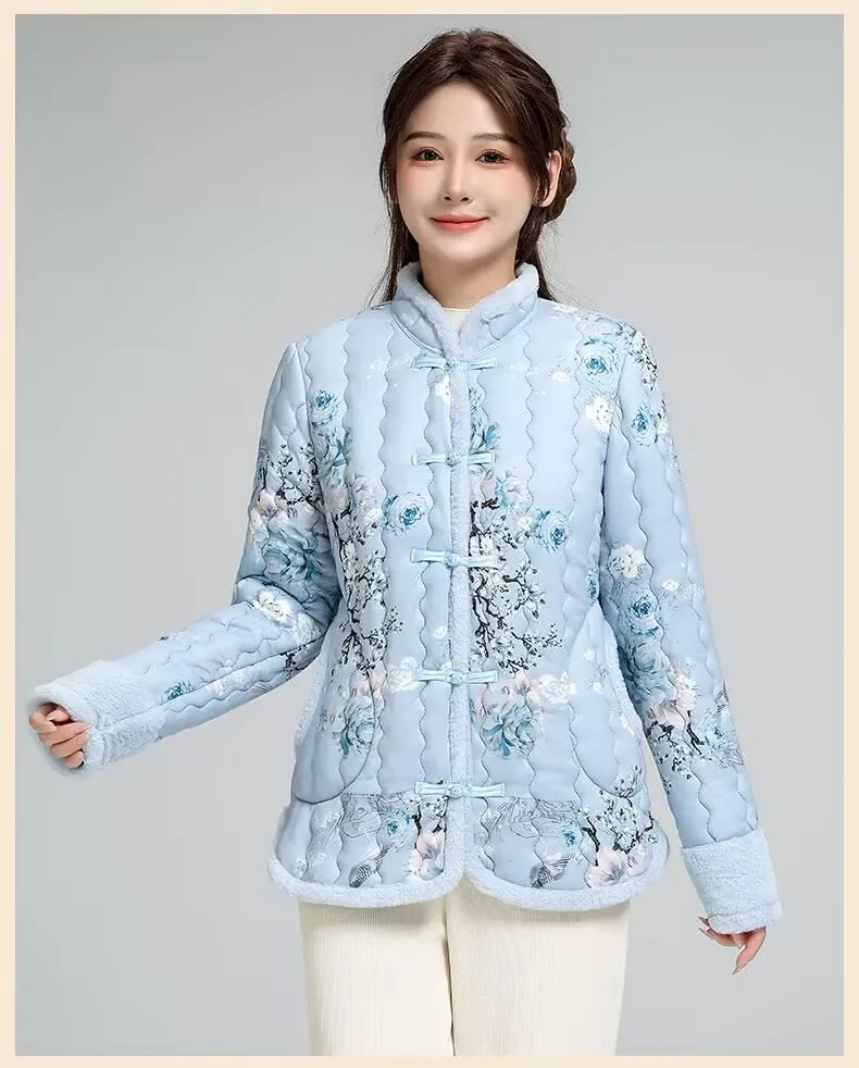 Vintage Floral Tang Suit Jacket for Women, Cotton-Padded Coat, Warm Clothes for Mother, Cheongsam, Autumn and Winter, New, 2024