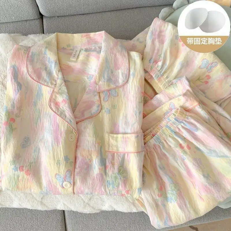 

Весенне-осенняя пижама для девочек с длинными рукавами, тонкий свободный хлопковый комплект из трех предметов с подушкой на груди, комплект домашней одежды, новый стиль