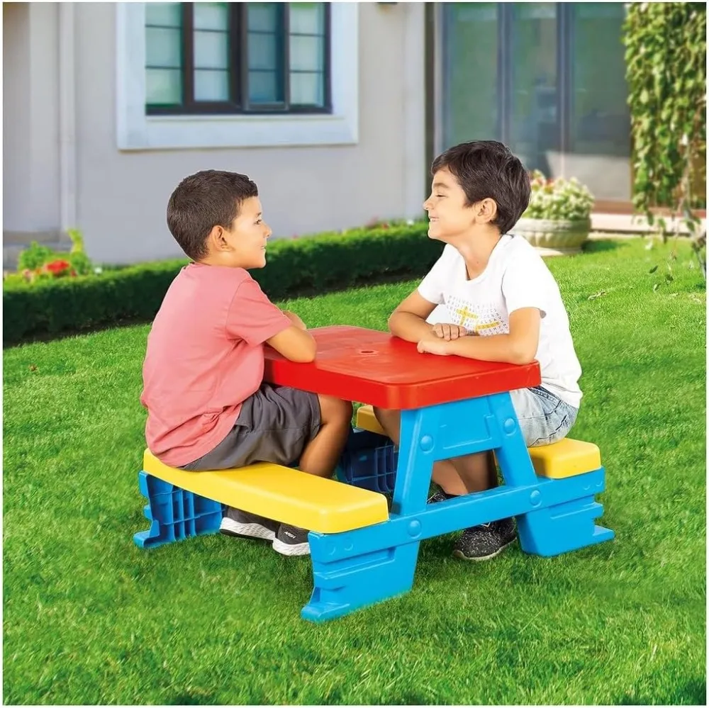 Grande table de pique-nique en plastique pour enfants, bleu, rouge, jaune, utilisation intérieure et extérieure, conçue pour les tout-petits de 2 ans et plus, meubles durables