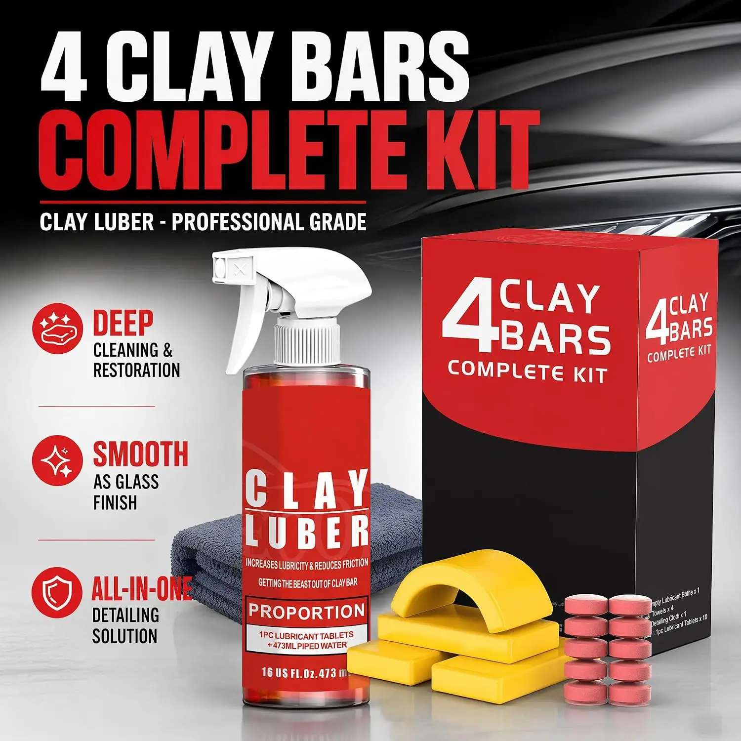 Clay Bar Kit, Complete Clay Bars Auto Detailing Clay Luber Lubricant Car Wash Kit, Premium Grade 4 Clay Bars, Lubricant Tablets 10 Pack, Car Detailing Kit for Detailing Cleaning