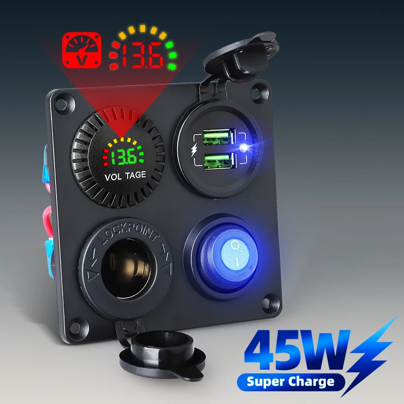 45W 12V QC Super Fast Charging Dual Usb Car Charger Socket Sequential Flashing LED Voltmeter Switch Panel For Boat Yacht Caravan