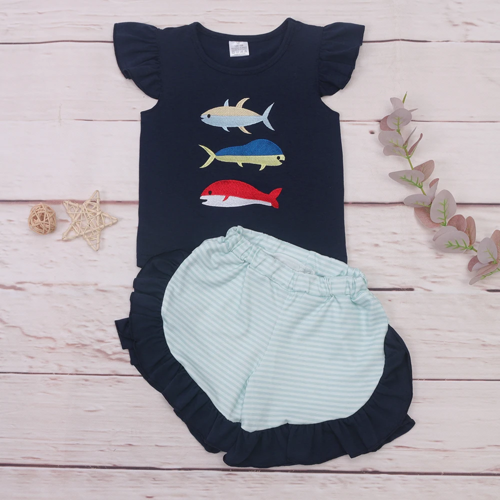 Roap Baby Girl Cotton Sleeveless Black T-shirt Set Round Neck Three Fish Print Gril Top Clothes And Green Lattice Shorts Suit