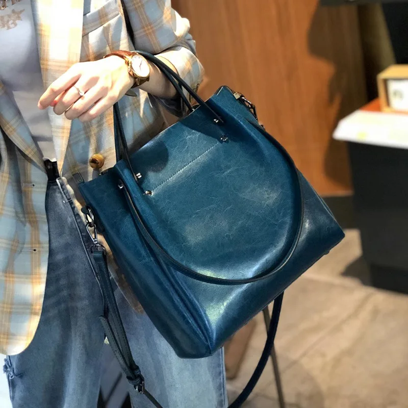 One-shoulder Large Casual Tote Fashion Messenger Cowhide Leather Women\'s Bag Large-capacity Ladies Handbag Bucket High Quality