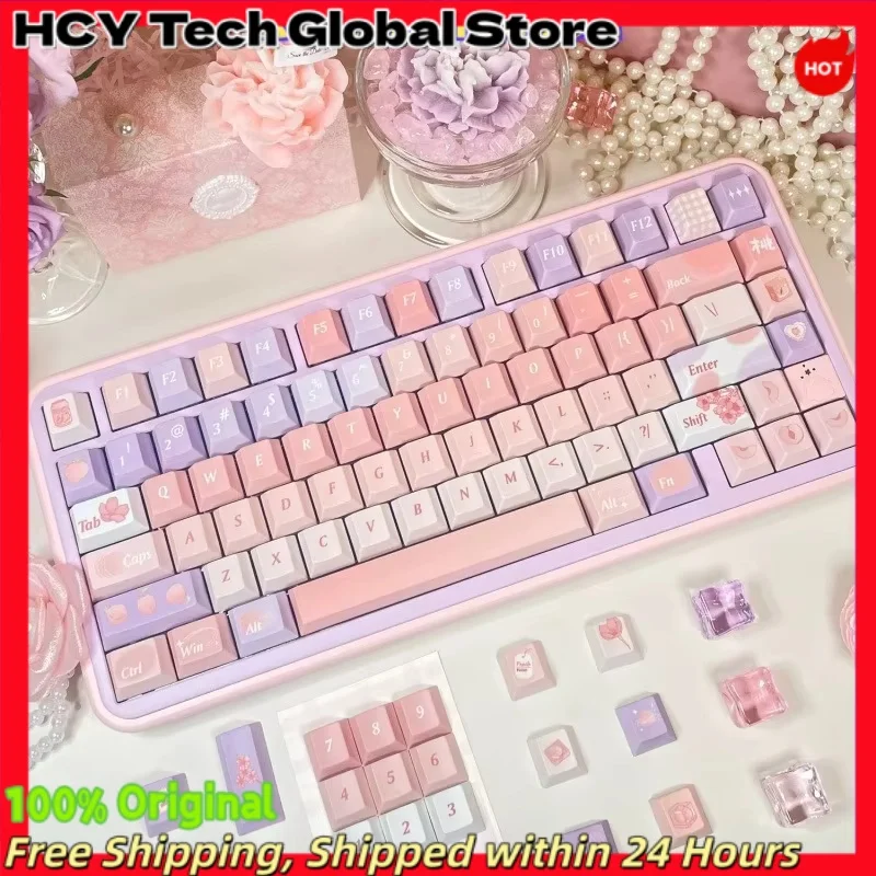 HCY Peach Ripe Theme PBT Keycap Cherry Profile 5-Side Dye Sub Wear‑Resistant MX CrossStem Keycap Set For 60 65 75 Alice Mech KBD