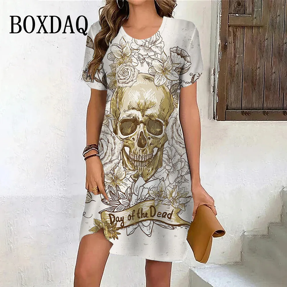 Fashion Women's Painting Terror Skull Print Mini Dress Summer Short Sleeve Party Vestidos Casual Loose Gothic Dresses Plus Size