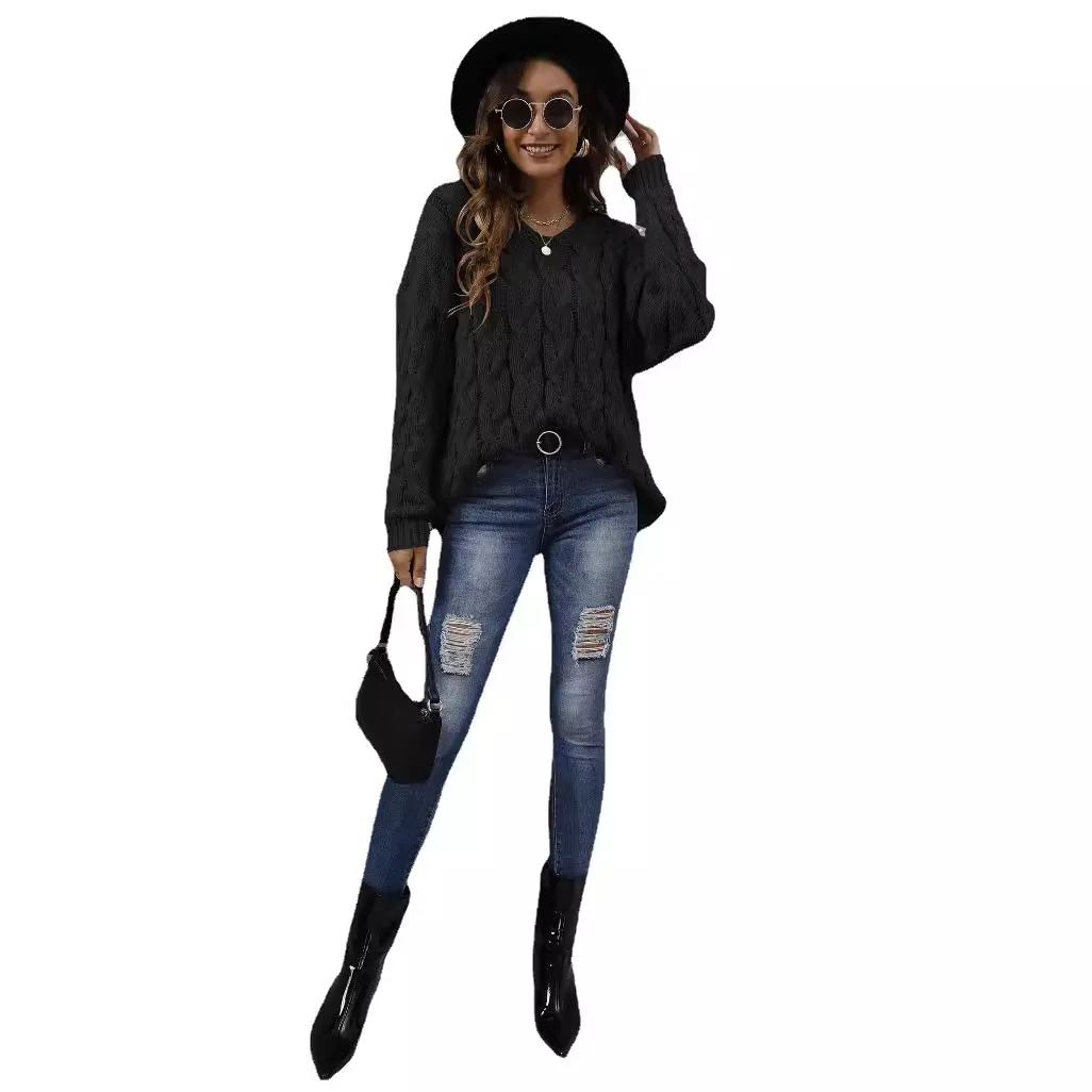 Y2K Hooded V-Neck Long-Sleeve Knit Sweatshirt Autumn/Winter Fashion Solid Color Oversized Pullover Sweater traf zara 2025 - Image 5
