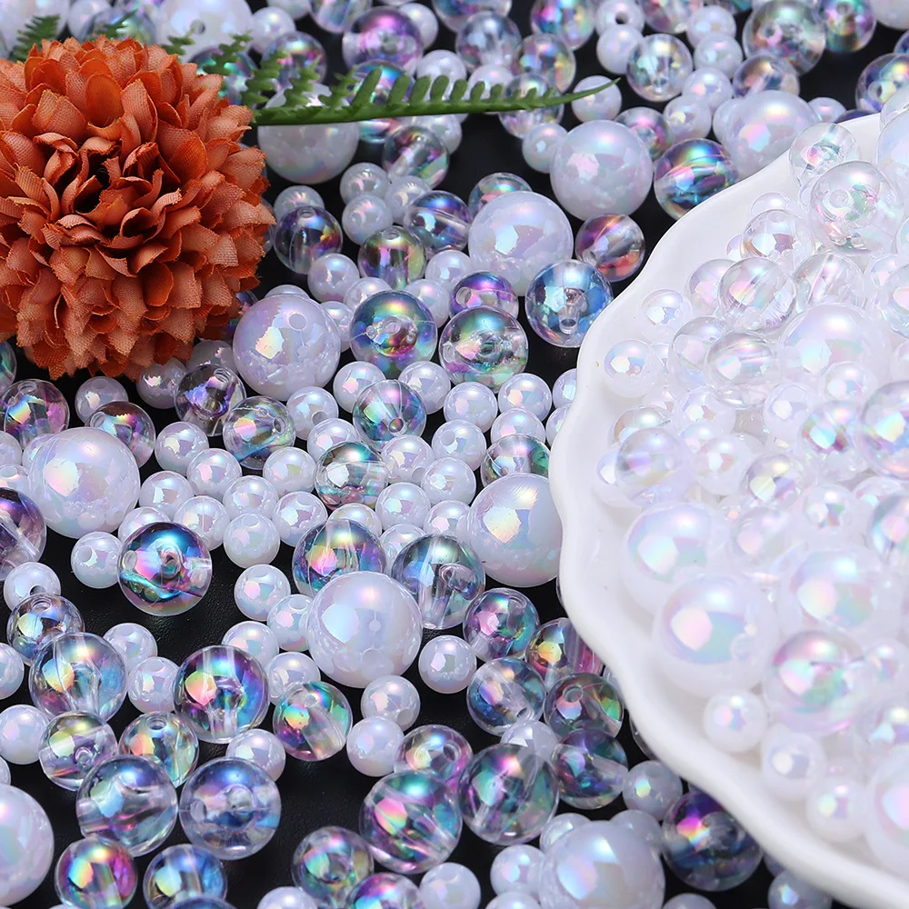 50-300pcs/lot Acrylic Beads Color Plating Transparent Milk White Round Beads Diy Jewelry Bracelet Necklace 2mm Hole Size