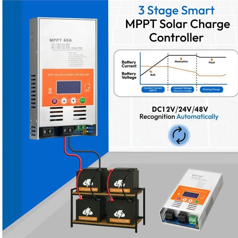 [B24B!】 Automatic Recognition 60A 12V/24V/48V MPPT Maximum Power Tracking Solar Controller V124 With Wifi Box For Lead-Acid Batt