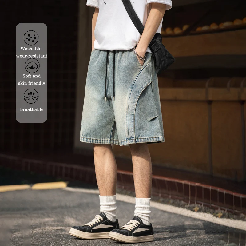 

TFETTERS Brand Men's Denim Shorts 2025 Summer Vintage Wash Casual Loose Fit Tiered Pleated Design Relaxed Outdoor Beach Shorts