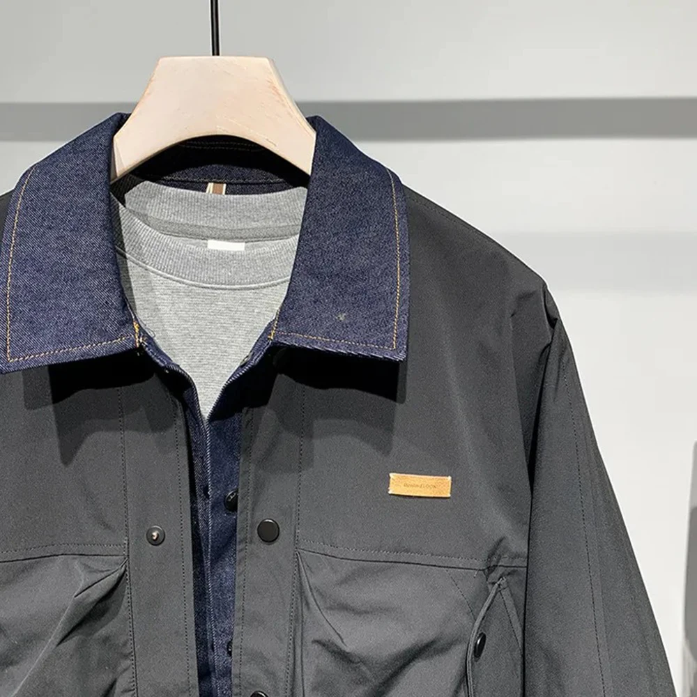 Mens Denim Patchwork Fake Two-Piece Casual Jacket Streetwear Fashion Thin Youth Campus Long-Sleeved Top Male Men'S Clothing