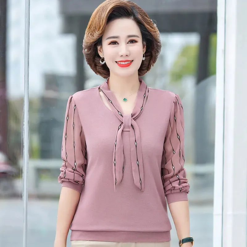 

Spring Summer New Women Tops Fashion Chiffon Blusa Long Sleeve Knitted Blouse Casual Loose 5XL Middle-Aged Mother Shirts W2777