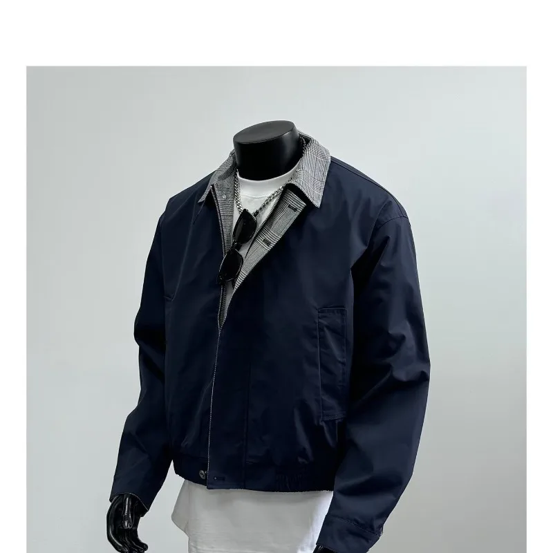 Spring and Autumn Retro Plaid Splicing American Contrasting Color Plaid Lapel Tooling Minimalist Loose Casual Jacket Jacket Men