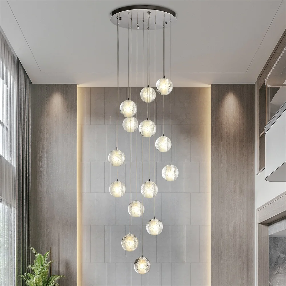 

Modern Crystal 14 Pendants Chandelier Long Cable High Ceiling Chandelier Bubble Staircase Chandelier Raindrop Light for Foyer