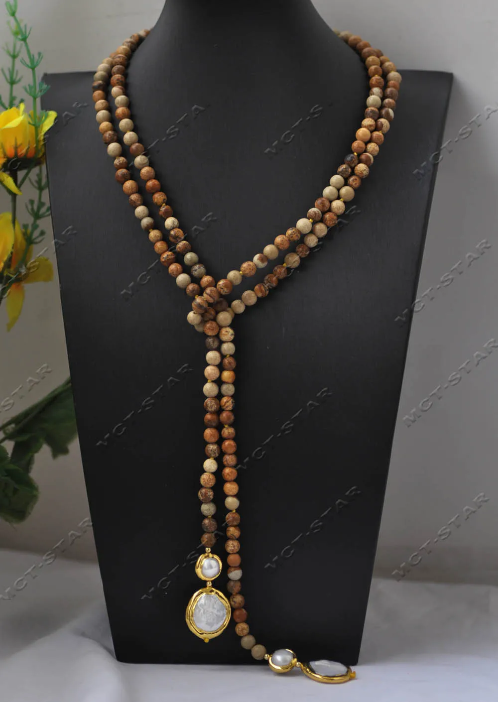 MTC·STAR  Z13443 50'' 20mm Natural Yellow Gemstone Round Bead Necklace Gold-Plated White Coin Pearl Pendant Custom Jewelry