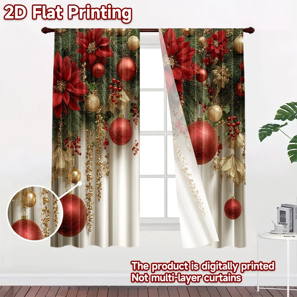 2D flat 2pcs Curtain Vintage drapes and curtains Christmas Poinsettia Garland Ornaments Digitally printed polyester Festive Wall