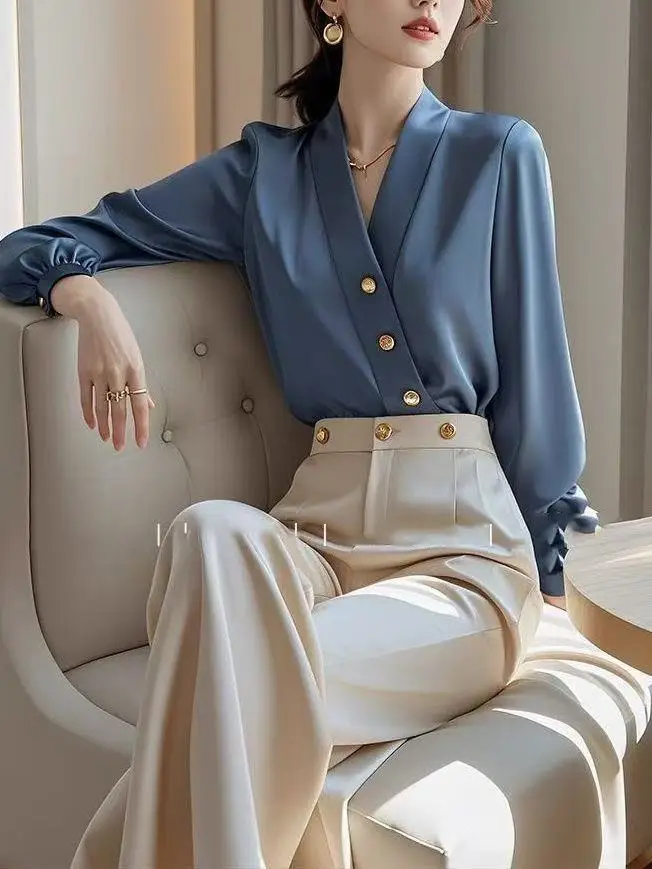 Hot Elegant Office Lady Outfits Autumn New Vintage Buttons V-Neck Long Sleeve Shirt + High Waist Wide Leg Pants Two piece Set