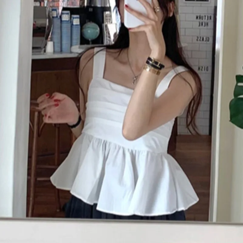 เสื้อกั๊กผู้หญิงรุ่น Sweet Sle Original Version สำหรับฤดูร้อนปี 2025 ดีไซน์เรียบง่าย คอเหลี่ยมผูกเชือก