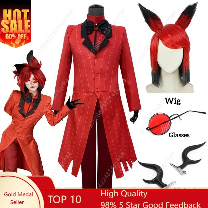 

Alastor Hazbin Cosplay Costume Hotel Radio Demon Cosplay Red Jacket Shirt Pants Gloves Tie Uniform Halloween Full