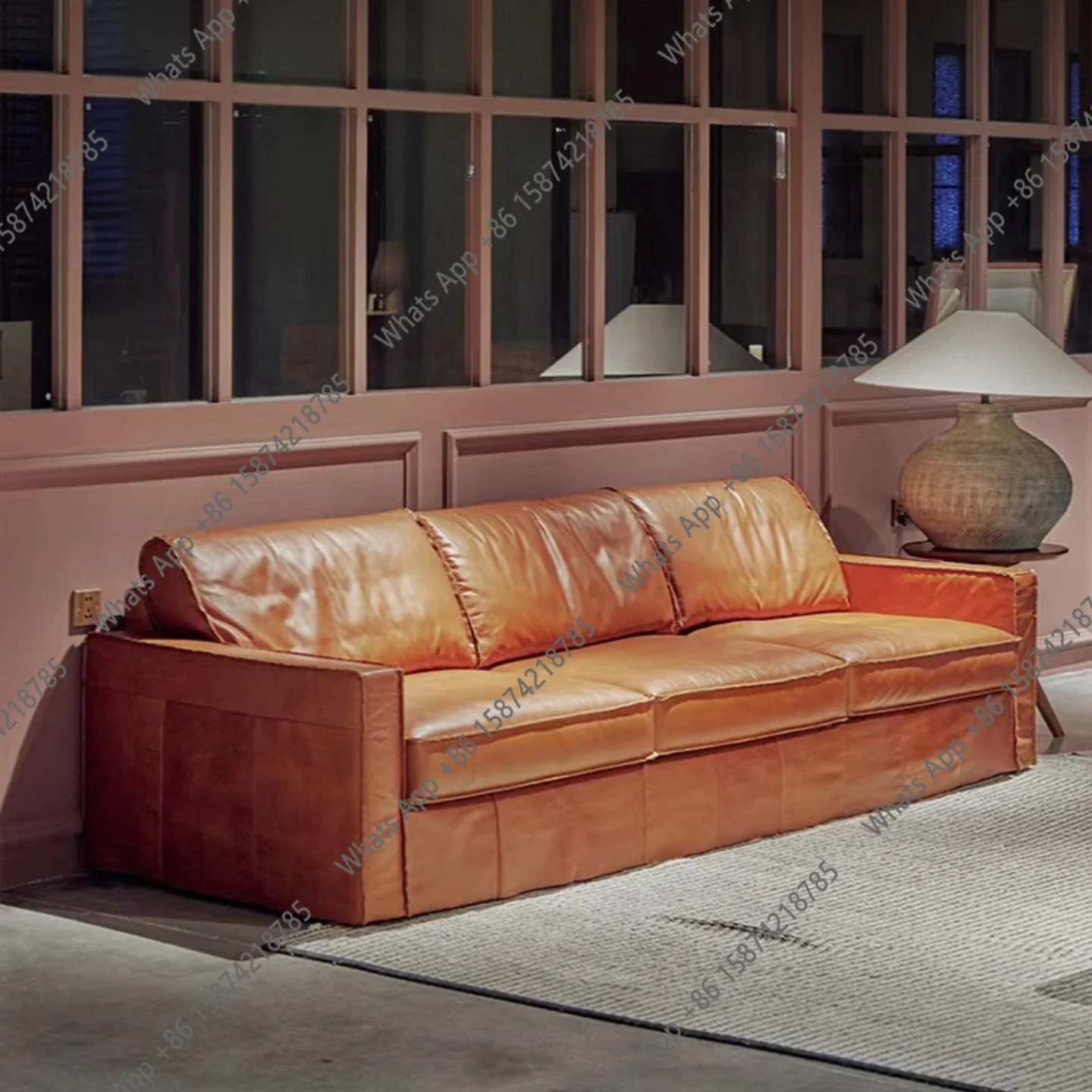N67 Italian medieval old money style Maillard Nordic retro three-person  wax leather straight row small apartment living room so